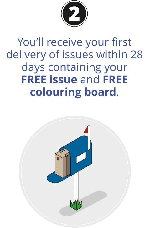 You’ll receive your first delivery of issues within 28 days containing your FREE issue and FREE colouring board.